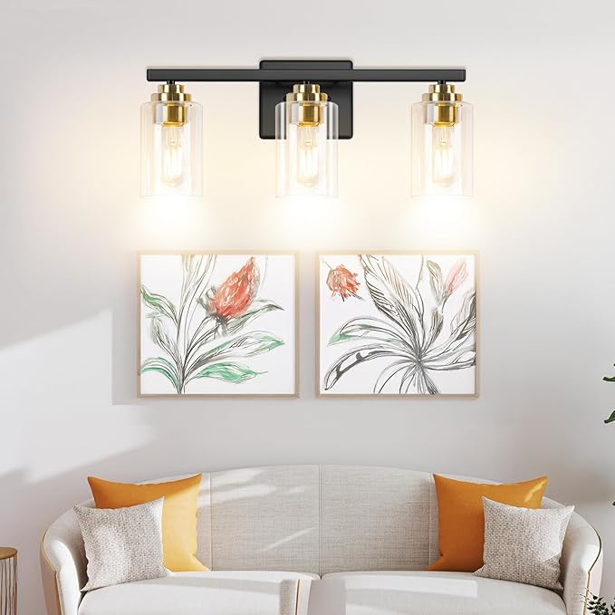 3-Light Bathroom Light Fixtures, 19" Modern Vanity Lights Over Mirror with Clear Glass Shades, Black & Gold Light Fixture, Classic Wall Light Fixture for Mirror Living Room Cabinet Bedroom Porch