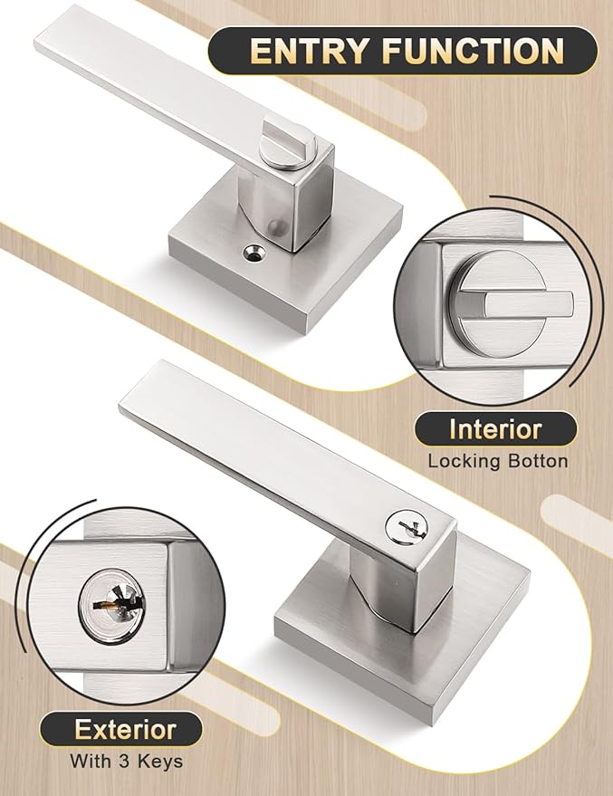 Square Entry Door Lever with Lock and Key, Brushed Nickel Entrance Door Handles, for Exterior or Interior Doors,1 Pack (Each with 3 Keys)