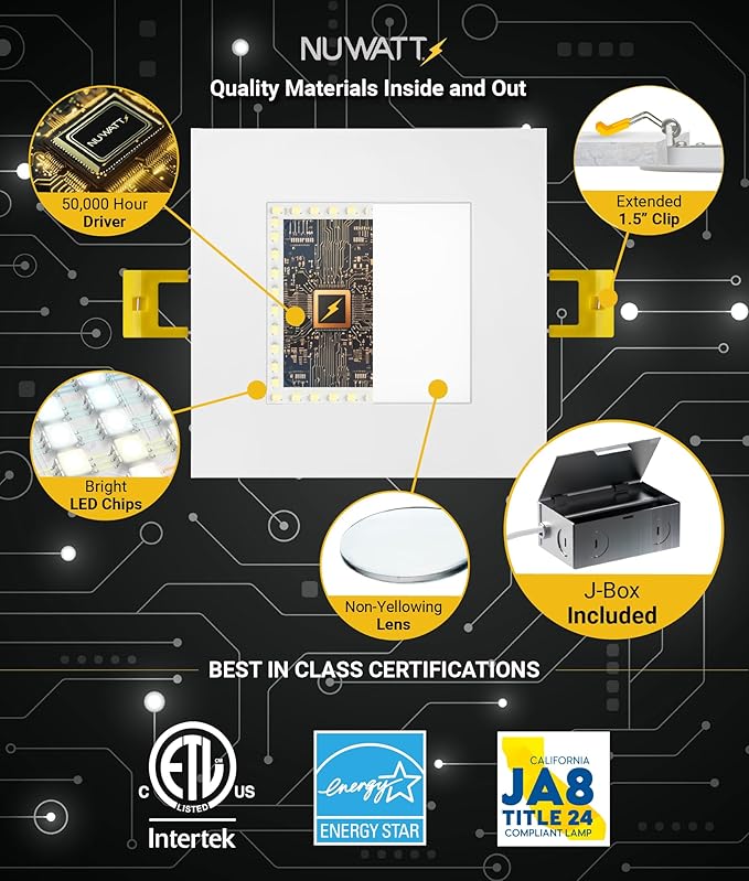 NUWATT 12 Pack 4 Inch LED Square Recessed Lighting, 5CCT Selectable 2700K/3000K/3500K/4000K/5000K, 630 Lumens Dimmable, IC Rated, 4in Square Wafer Lights, Canless LED Downlight, Diecast Aluminum J-Box