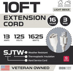 Iron Forge Cable Weatherproof 10 Ft Outdoor Extension Cord - 16/3 SJTW Heavy Duty Beige Extension Cord 3 Prong - 13 Amp Exterior Power Cable
