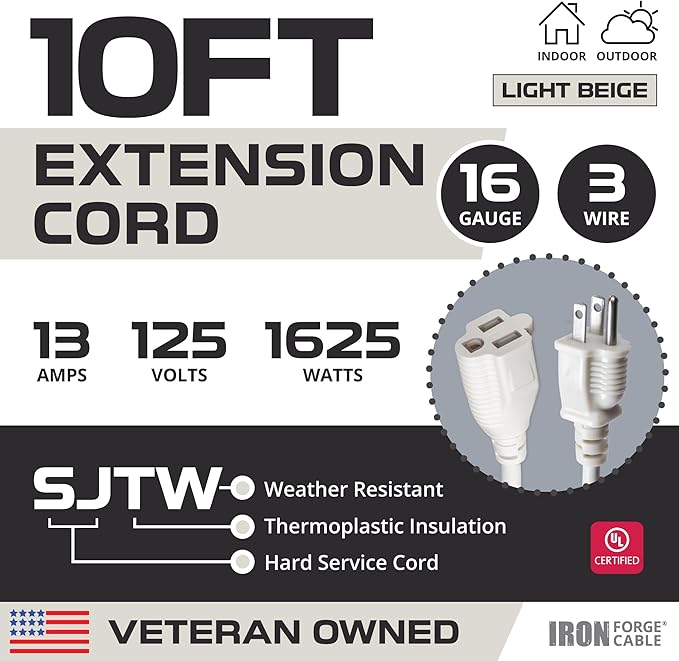 Iron Forge Cable Weatherproof 10 Ft Outdoor Extension Cord - 16/3 SJTW Heavy Duty Beige Extension Cord 3 Prong - 13 Amp Exterior Power Cable