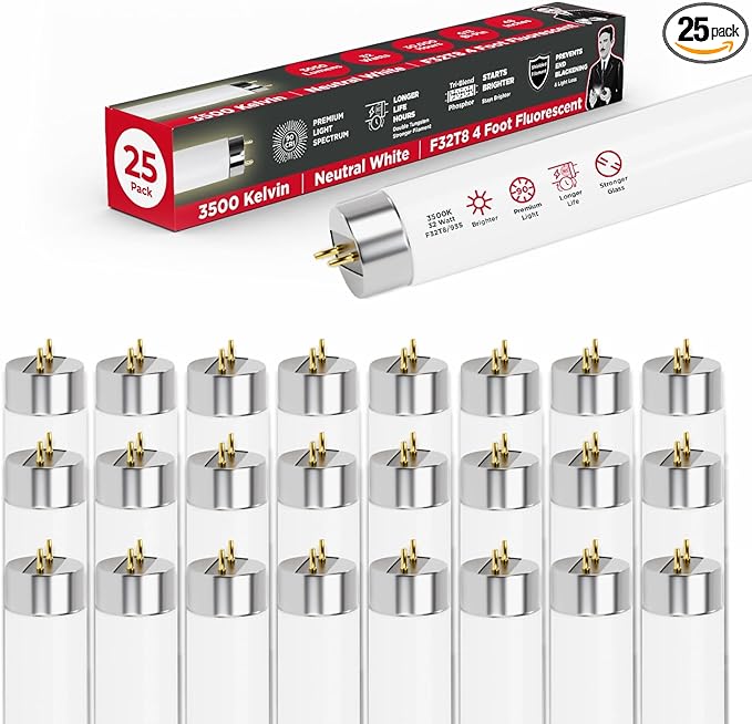 GoodBulb F32T8/835/ECO 32W 48 Inch T8 Fluorescent Light Bulb, 3500K Soft White Medium Bi-Pin Base, 3050 Lumens 86 CRI 24000 Life Hours, Instant/Programmed Start (25 Pack)