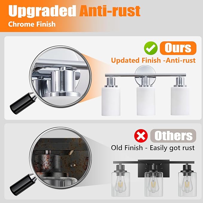 DLLT 3-Light Bathroom Light Fixtures: Chrome Modern Vanity Lights with E26 Bulbs - Milky White Glass Shade Bathroom Wall Lamp for Mirror Kitchen Living Room Hallway Cabinet Porch