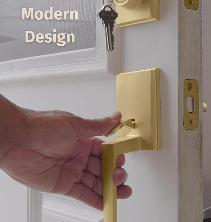 Mega Handles - TOBELLE Gold Entry Door Handleset - Single Cylinder Handleset with Lever for Entrance and Front Doors - Modern Door Handles for Left and Right-Handed Doors - Straight Handle