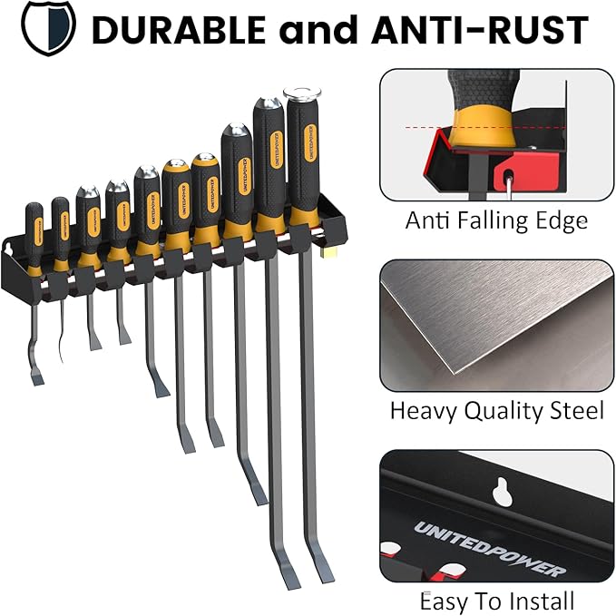 UNITEDPOWER Pry Bar Holder, Lockable Wall Mount Storage Rack Organizer for Workshop, Shed, Garage, Home, Stores up to 10 13 Tools or Extensions