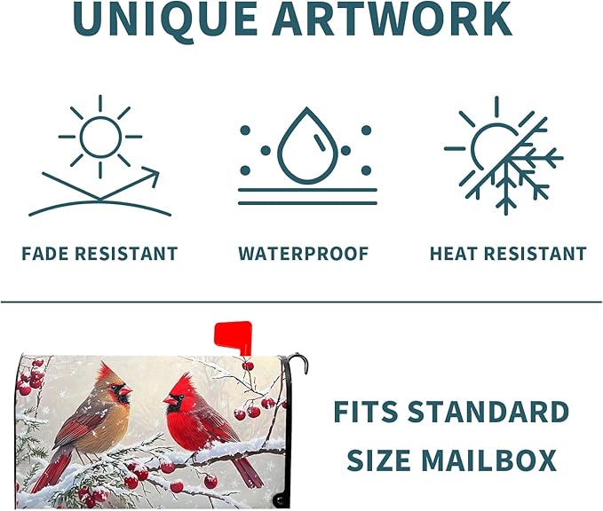 Kawani Winter Mailbox Cover Christmas Birds Holly Berry Branches Snow Mailbox Covers Magnetic Standard Size 21x18 Inch Winter Xmas Holiday Post Letter Box Cover for Garden Yard Decor