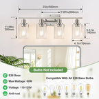 4-Light Bathroom Light Fixtures, Brushed Nickel Vanity Lights with Clear Glass Shades, Modern Bathroom Wall Lamp for Mirror Living Room Cabinet Bedroom Porch
