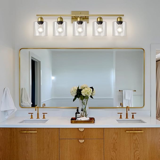 Modern Brushed Gold 5 Light Bathroom Vanity Light,31 inch Vanity Lights for Bathroom with Clear Glass for Mirror Kitchen Living Room Hallway Cabinet Porch