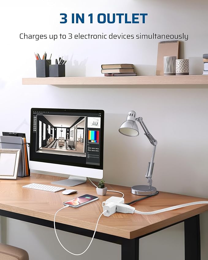 DEWENWILS 15FT Flat Plug Extension Cord, 3 Prong Ultra Thin Power Strip, 13A/125V/1625W, 16/3 Awg Grounded Flat Power Cable for Indoor Narrow Space, SPT-3 Cord, ETL Listed, White