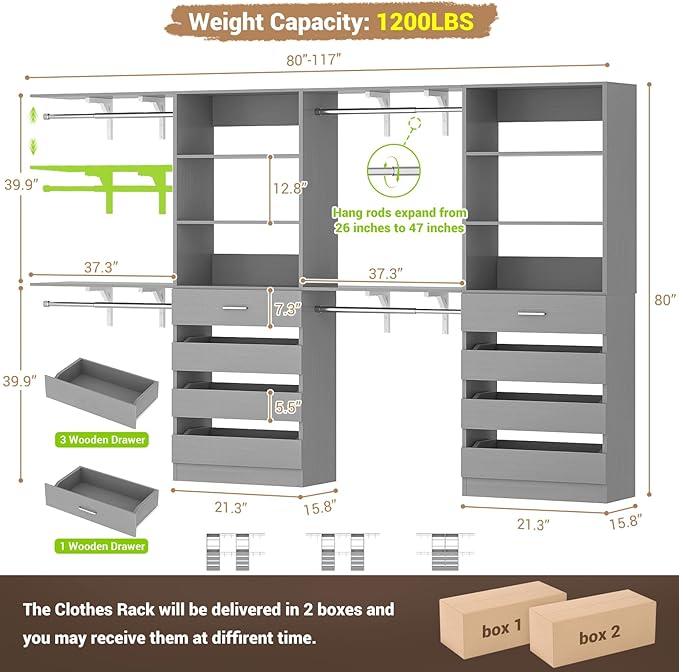 Aheaplus Closet System with 8 Wooden Drawers, Wood Closet Organizer System with Tower, Walk-in Closet Organizer Wardrobe Clothes Rack with 4 Hanging Rods, Garment Rack, Cut to Fit 7-12Ft, Grey