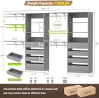 Aheaplus Closet System with 8 Wooden Drawers, Wood Closet Organizer System with Tower, Walk-in Closet Organizer Wardrobe Clothes Rack with 4 Hanging Rods, Garment Rack, Cut to Fit 7-12Ft, Grey