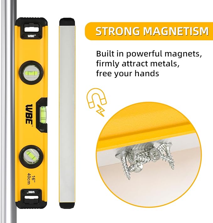 WBE 16-Inch Magnetic Torpedo Level with 45°/90°/180° Bubbles, Aluminum Alloy Body, Heavy Duty Level,Precision-Machined Base,Shockproof Rubber End Caps,Hanging Hole for Construction,Carpentry(1 PACK)