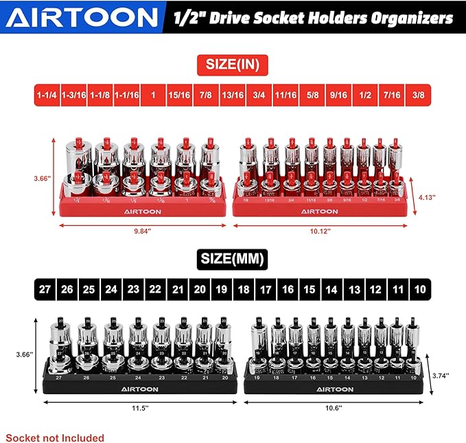 AIRTOON 8-Piece Socket Organizer Trays, SAE and Metric Socket Tray Set, 1/4", 3/8", and 1/2" Drive Deep and Standard Socket Holders Organizers for Toolbox, Black & Red