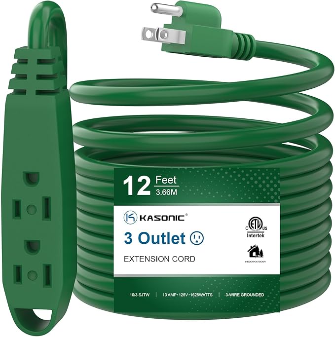 K KASONIC - 12-Feet 3 Outlet Extension Cord, UL Listed, 16/3 SJTW 3-Wire Grounded, 13 Amp 125 V 1625 Watts, Multi-Outlet Indoor/Outdoor Use, Green
