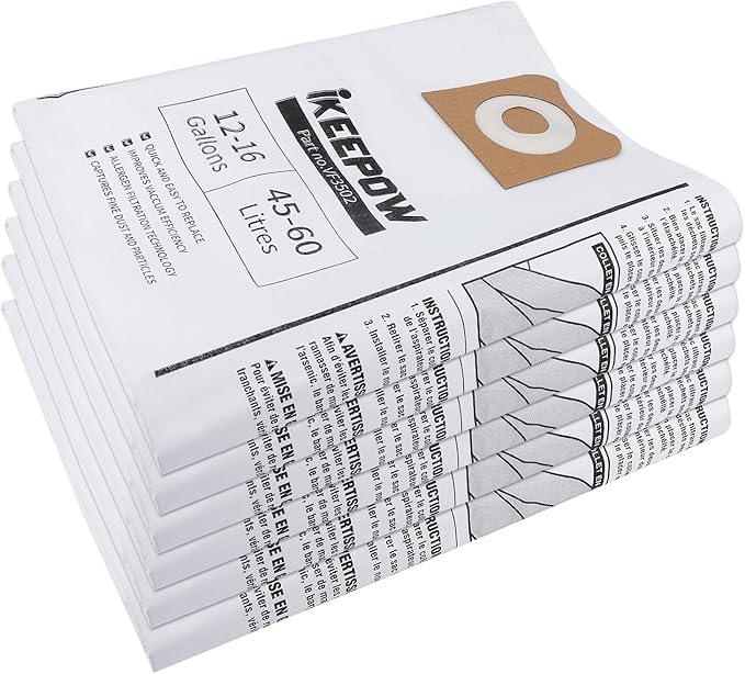 VF3502 Shop Vac Bags - Compatible with Ridgid Wet Dry Vacuum, 12-16 Gallon Replacement Filter Bags (6 Pack)