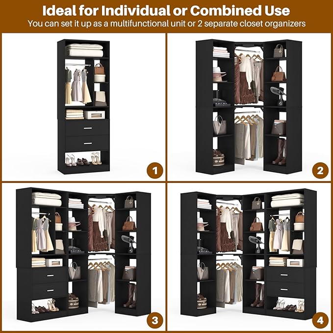 Corner Closet System with 2 Sets, 63.2" Corner Closet Organizer System with 2 Drawers + 18 Shelves + 3 Hanging Rods, Reversible L Shaped Walk-in Closets, Black (63.2" L x 39.2" W x 80" H)