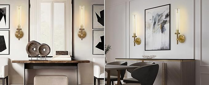 Brass Sconces Wall Lighting, 19" Tube Glass Gold Sconces, Bathroom Wall Sconces Lighting Vanity Lights Wall Lights for Living Room, Hallway, Fireplace, Staircase