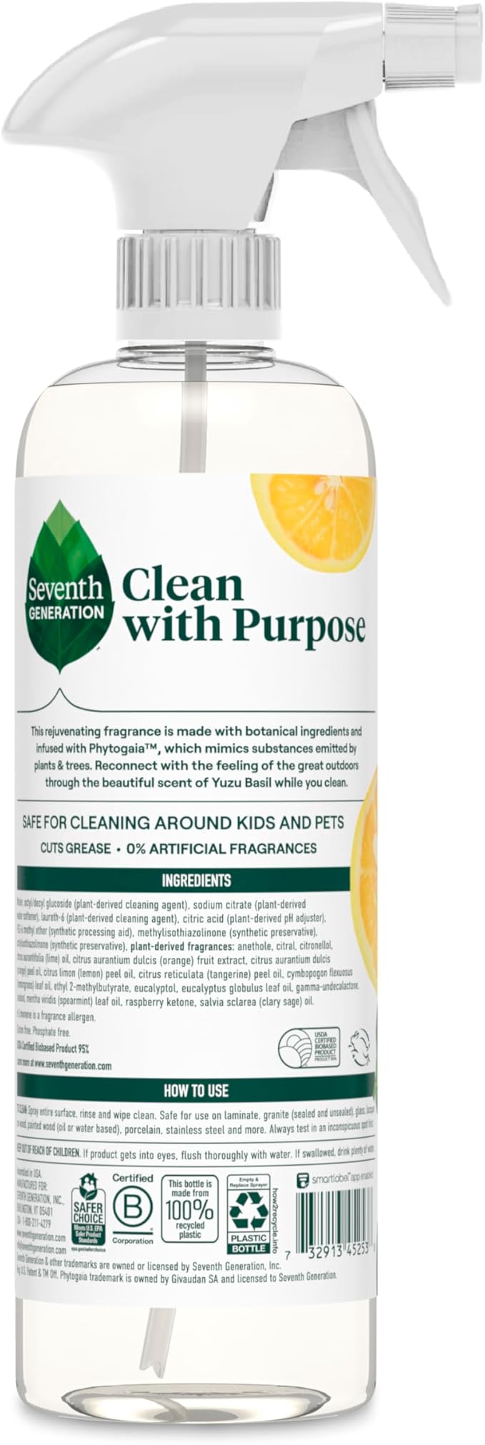 Seventh Generation All Purpose Cleaner Rejuvenating Yuzu Basil, For All Surfaces, 23 fl oz, Pack of 4
