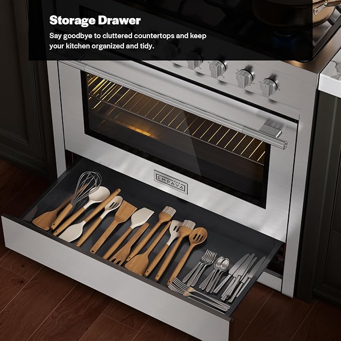 Empava Gas Range, 4.3 Cu. Ft Convection Oven with Touch Timer, 5 Deep Recessed Burners Cooktop, Heavy Duty Continuous Grates in Stainless Steel, Freestanding & Slide-in Stove,36 Inch