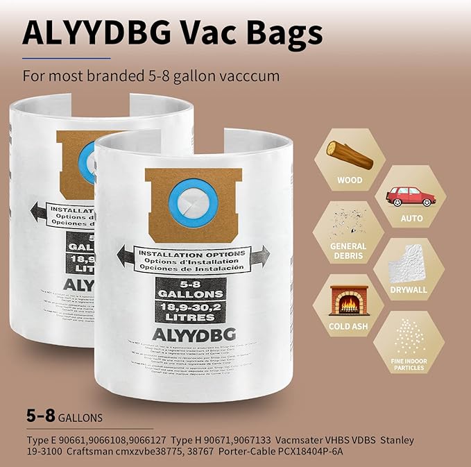 10 Pack Shop Vac 5-8 Gallon Filter Bags, ALYYDBG Type E 90661 9066100 9066133, Type H 90671 9067100 9067133 Disposable Dust bags