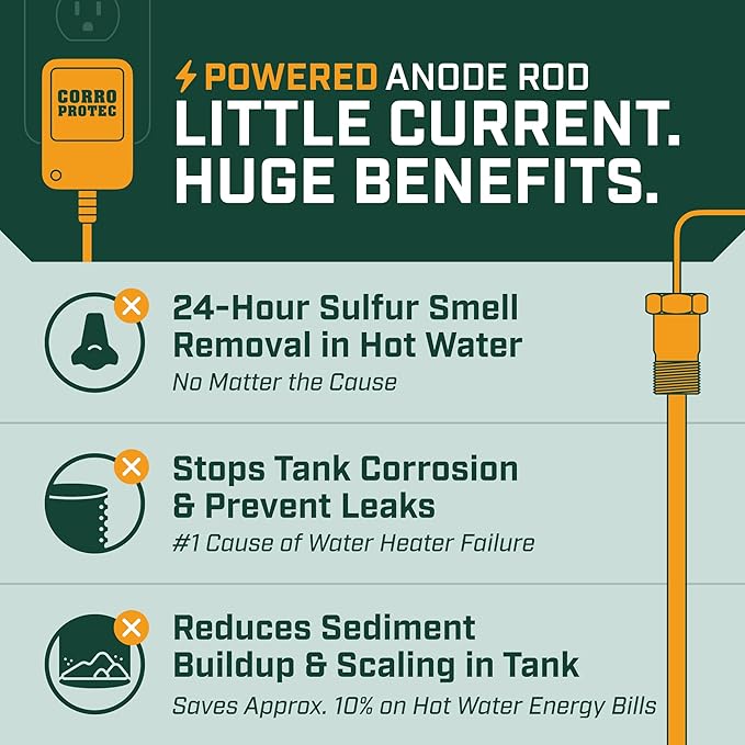 Corro-Protec Powered Anode Rod for Bradford White Water Heater and Hot Water Outlet Installation, Eliminates Rotten Egg/Sulfur Smell within 24 hours and Stops Corrosion Inside Tank, 20-Year Warranty