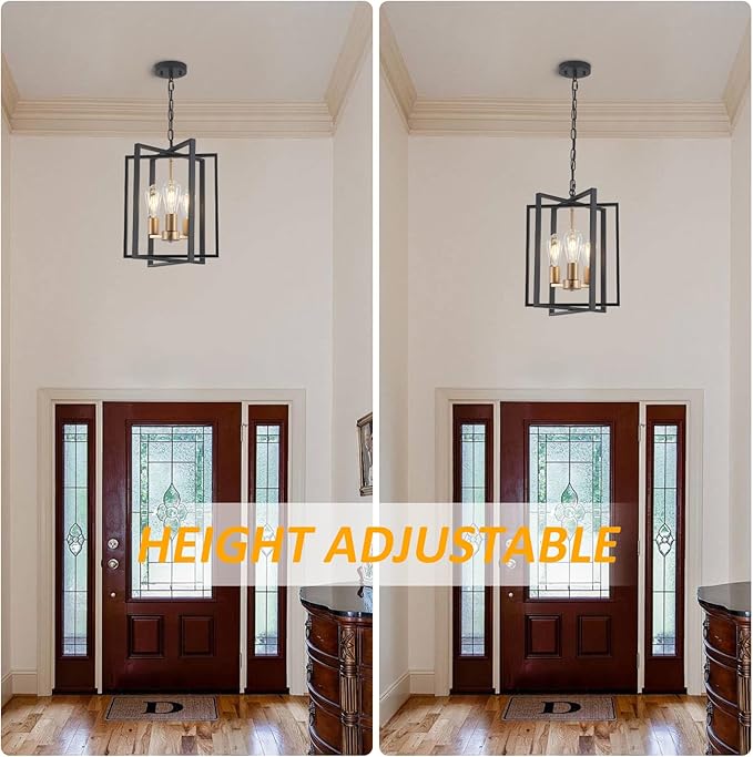 Black Gold Chandelier for Dining Room, Modern Farmhouse 3 Light Entryway Pendant Light Fixture Adjustable Geometric Industrial Rustic Foyer Light for Living Room Kitchen Island Hallway Bedroom