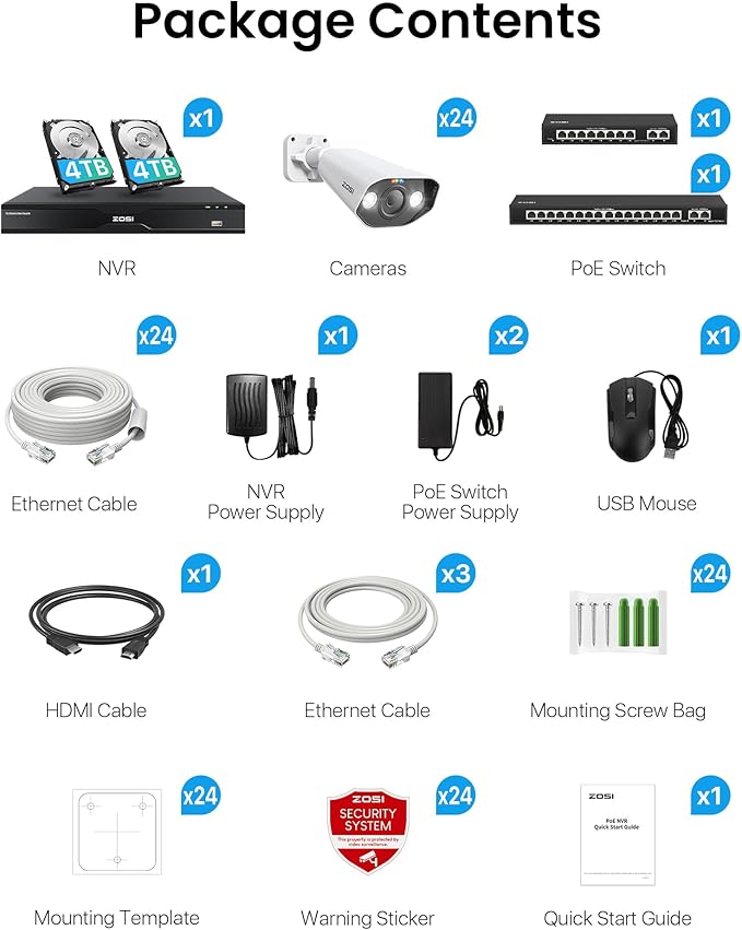 ZOSI 32CH 4K PoE Security Camera System, Face Person Vehicle Detection, 2 Way Audio, 24 x 8MP Spotlight Outdoor Indoor IP Cameras, 32 Channel 4K NVR with 8TB HDD for 24/7 Recording