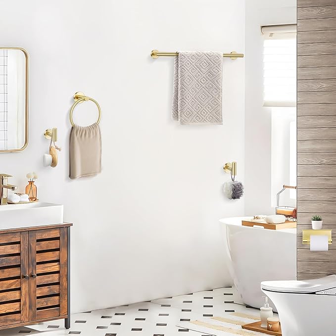 TQKAG 5 Piece Bathroom Towel Bar Holder Sets Brushed Gold Bathroom Hardware Set Stainless Steel Toilet Paper Holder with Shelf Bathroom Accessories Kit Wall Mounted