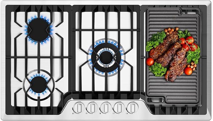 36 Inch Gas Cooktop with Griddle, Propane Stove Top with 5 ITALY SABAF Sealed Burners 41,800BTU, NG/LPG Convertible Built-in Stainless Steel Thermocouple Protection for Rvs Kitchen Outdoor