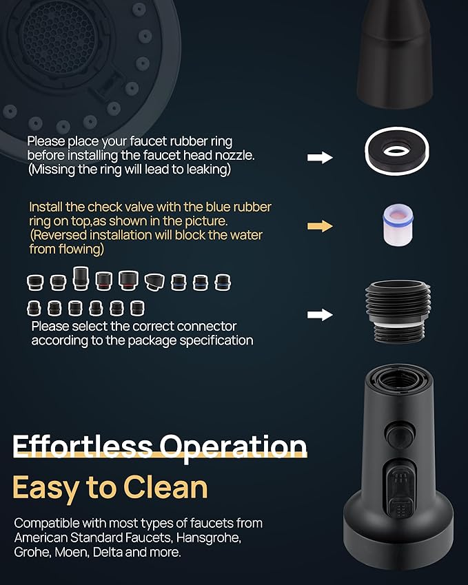J-HVA Pull Down Kitchen Faucet Sprayer Head Replacement Part, 3 Function with 15 Adapters Pull Out Sink Sprayer Replacement Nozzle, Kitchen Faucet Head Hose Spray Tap Spout, Matte Black