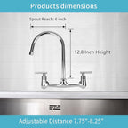 8 Inch Center Wall Mounted Kitchen Faucet, Commercial Sink Faucet with 6" Gooseneck Swivel Spout 2 Handle Utility Faucet for Home Restaurant Compartment Sink