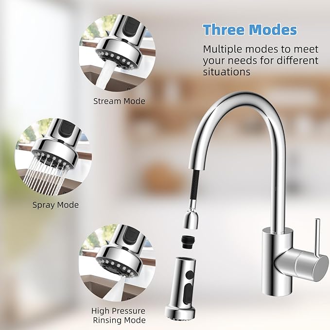 Hibbent Stainless Steels Pull Down Kitchen Faucet Head Replacement, 3 Function Sink Faucet Sprayer Head with 15 Adapters, Compatible with Moen, American Standard, Delta, Kohler Faucets, Chrome
