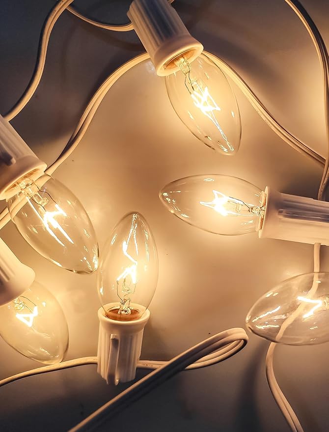 25 Pack C9 Replacement Bulbs, 7W Incandescent Clear Night Light Bulbs for Outdoor String Lights, Clear Christmas Bulbs for Porch, Patio, Garden, Wedding Decor, Warm White, E17 Intermediate Base
