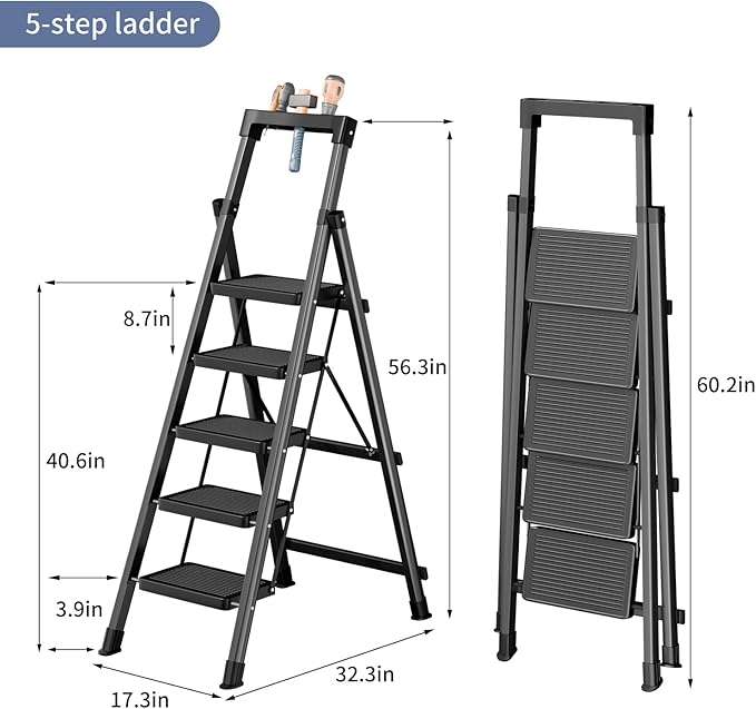 5 Step Ladder with Tool Tray,Portable Step Tool 330lb Load,Folding Step Ladder with Anti-Slip Widen Pedals,Handrail,Safe-Lock Design Carbon Steel Step Ladder for Painting Outdoor Garage+1
