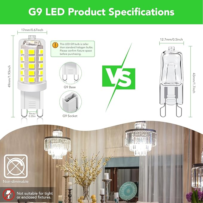 BUBO G9 LED Bulb 6000K Daylight 430 Lumens, 3W Equivalent 40W T4 G9 Halogen Replacement, 360°Beam Angle 120V Non-Dimmable No-Flicker G9 Light Bulbs for Crystal Chandelier Lighting, 20 Pack