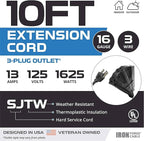 Iron Forge Cable 2 Pack 10 Ft Black Extension Cord with 3 Outlets - 16/3 SJTW 10 Foot Extension Cord 3 Prong, Weatherproof Power Cable for Outdoor