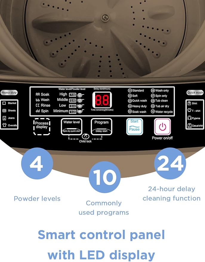 17.7 lbs Full-Automatic Washing Machine with LED Display, Laundry Washer with Drain Pump, 10 Wash Programs 8 Water Levels Washer & Spinner for Home, Apartment, Dorms, Gold