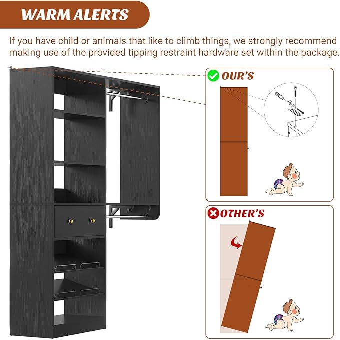 Closet System with Drawer - Reversible 5FT Wood Closet Organizer System with 2 Hanging Rods and Adjustable Shelf, Walk In Closet Organizers with Shoe Rack, Built-In Garment Rack Clothes Rack, Black