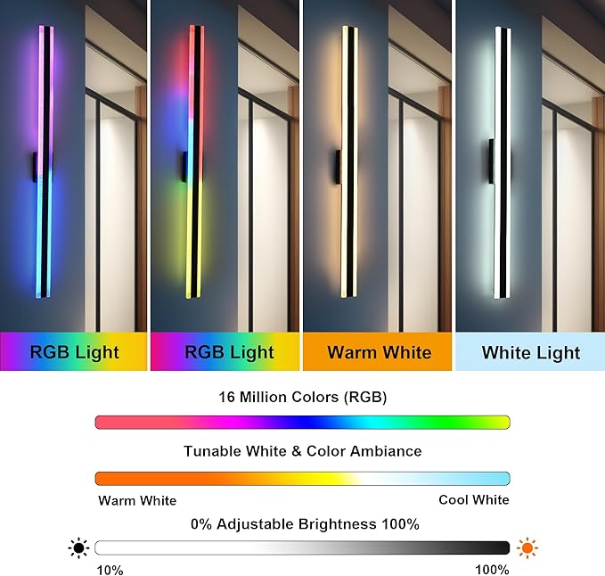 TODOLUZ 2-Pack 60-Inch Outdoor RGBW Long Wall Light Fixture, IP65 Waterproof 36W Linear Wall Sconce Lighting with Remote Control for Garage Porch Party Gathering