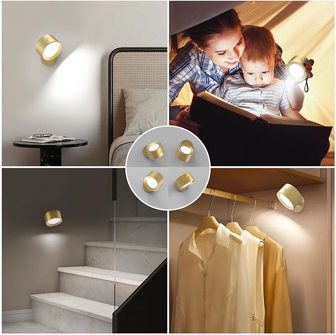 LED Wall Lights, Wall Lamp 3 Color Temperatures & Dimmable Magnetic 360° Rotation with Remote, Wall Sconces 2 Pcs with 3000mAh Rechargeable Battery, Cordless Wall Light for Reading Bedside Hallway