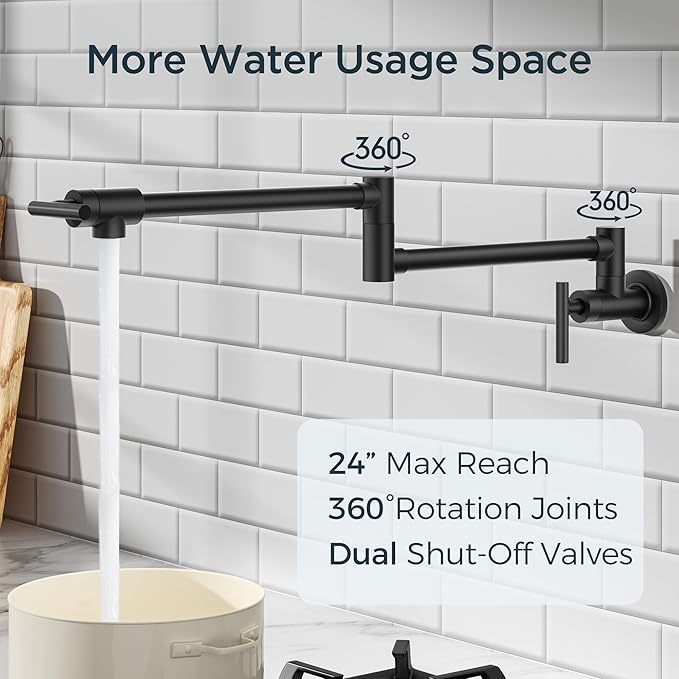 FORIOUS Black Pot Filler Faucet Over Stove, Solid Brass Modern Wall Mount Commercial Folding Faucet with Stretchable Double Joint Swing Arms for Kitchen Restaurant