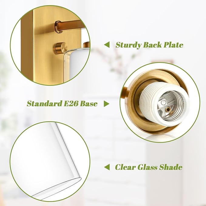 Set of 2 Wall Sconces for Bathroom, Modern Vanity Light Fixtures, Gold Wall Mount Lighting Lanterns, Farmhouse Wall Lights with Double Clear Glass Shade for Bedroom Living Room Mirror Hallway