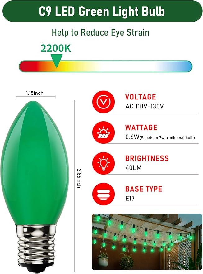 25 Pack C9 Christmas Green LED Light Bulb,Vintage Plastic C9 Ceramic Replacement Bulbs Watterproof C9/E17 Intermediate Base 0.6 Watt Great for Night Lights Christmas Patio String Lights