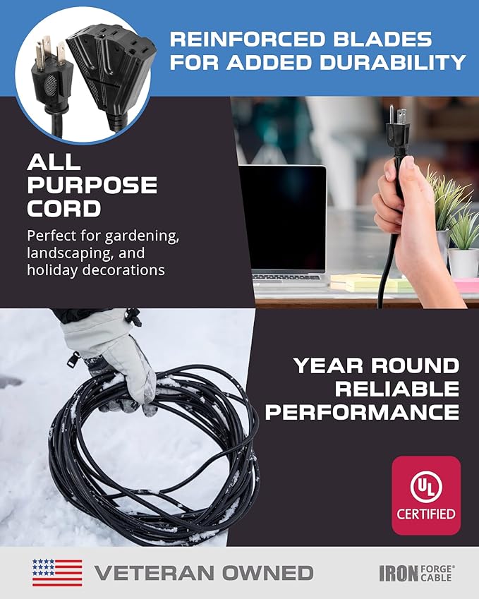 Iron Forge Cable 50 Ft Black Extension Cord with 3 Outlets - 16/3 SJTW 50 Foot Extension Cord 3 Prong, Weatherproof Exterior Power Cable for Outdoor