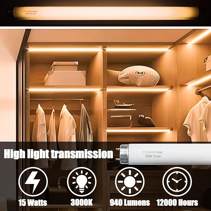 18 Inch F15T8/WW 15W Soft White Fluorescent Bulb Compatible with Philips Alto ECO GE Staco Light Fixture, T8 Fluorescent Bulb 15 Watt 3000K, 900 Lumens 6 Count