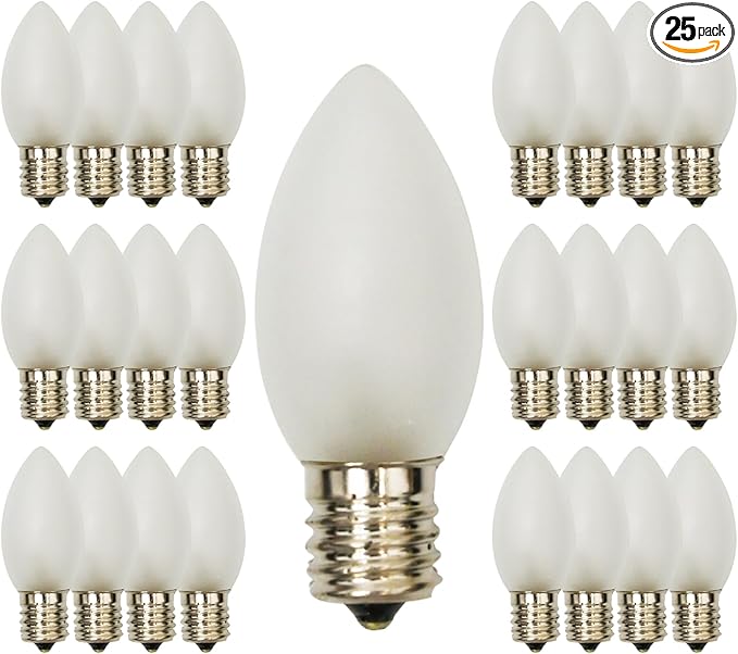 25 Pack C9 Frosted White Christmas Light Bulbs,C9 Incandescent Glass Bulbs for Outdoor Indoor String Light,C9/E17 Candelabra Base 7 Watt Great for Night Light and Christmas Decorations