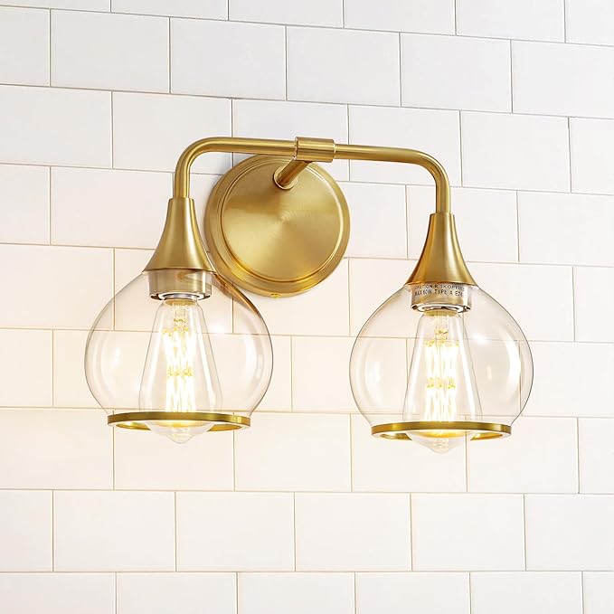 Gold Bathroom Light Fixtures 2-Lights Vanity Lights with Clear Glass Shade Bathroom Vanity Light 14 Inch Wall Sconces(Exclude E26 Bulb)…