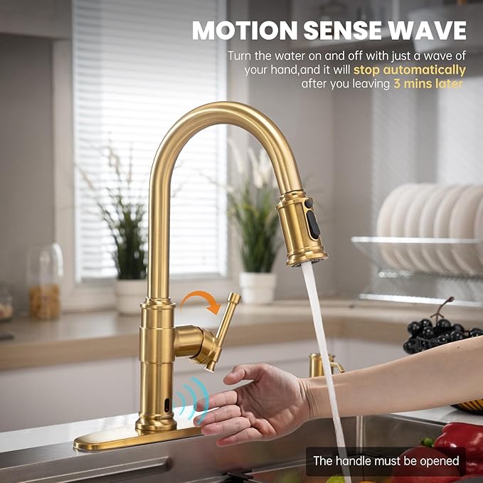DAYONE Touchless Brushed Gold Kitchen Sink Faucets with Soap Dispenser, Pull Down Motion Sensor Hand-Free Single Handle Faucet for Kitchen Sink High Arc, DAY136TL-BTG