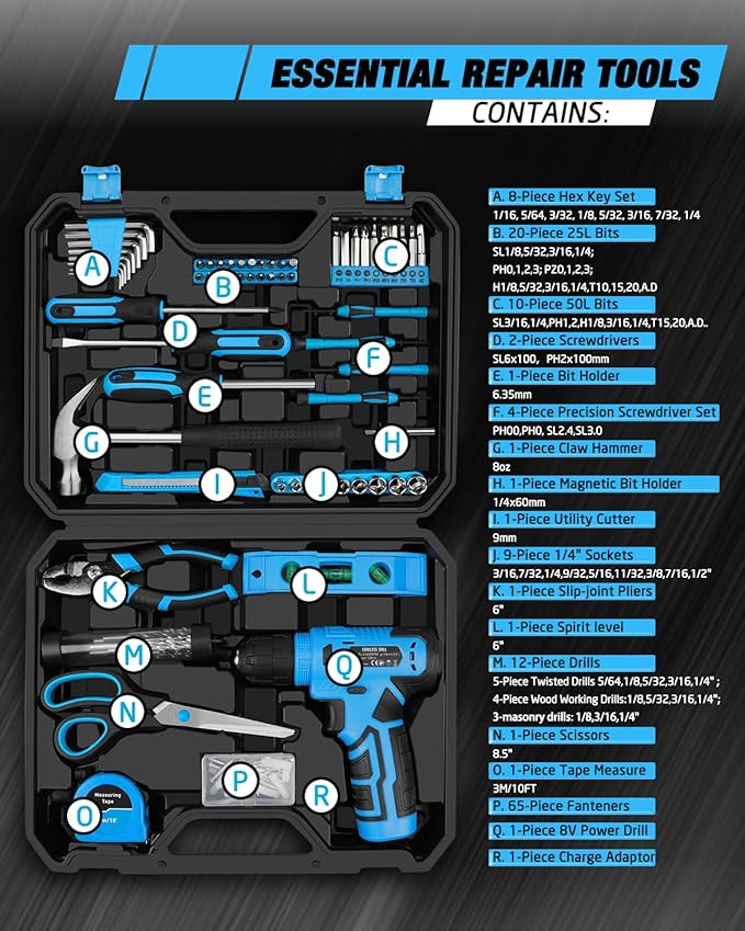 139-Piece Tool Set - Tool Kit with 8V Cordless Drill Driver in ToolBox Storage Case, General Household Drill Set for Home Repairs, Handyman, DIY Projects
