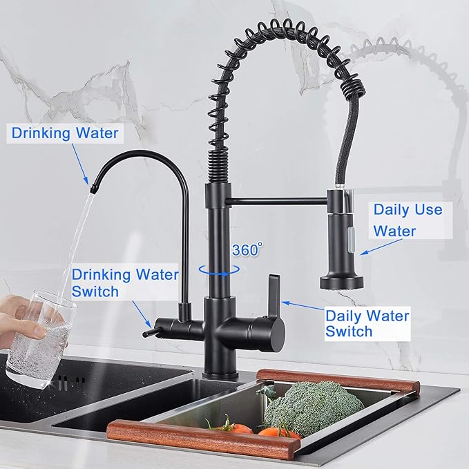 MENATT Commercial Matte Black Brass Faucet, High Arc 3 in 1 Kitchen Sink Faucet with Pull Down Sprayer, RO System Water Filter Integrated